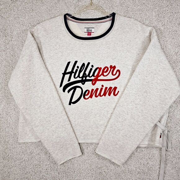 Tommy Hilfiger Denim Sweatshirt w/Side Tie Crop Pullover Women's Size XL - Picture 1 of 15
